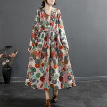 여성 복고풍 브이넥 면 코튼 원피스 빅사이즈 루즈핏 꽃나염 허리묶음 체형커버 원피스