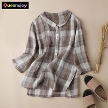 퀸앤조이 소프트 체크 동글카라 린넨 셔츠 블라우스***판매자 퀸앤조이***