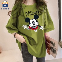 손드르 여성 영문고개 미키 빅사이즈 루즈핏 반팔 티셔츠(M-5XL)