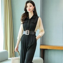 여성 봄 카라넥 버클 배색 쉬폰 정장 점프수트 LY101