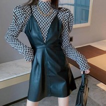 [랜덤플레이] 지그재그 이너 + 가죽 뷔스티에 원피스 세트