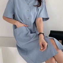 여자 린넨 일자 셔츠핏 통소매 루즈핏 반팔 롱원피스