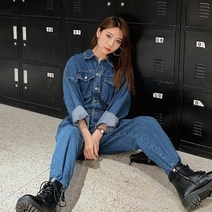 본 시크 여성 루즈핏 포켓 버튼 청 데님 점프수트