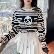 가을 패션 팬더 긴팔 배색 스트라이프 코디 쇼트 맨투맨 여