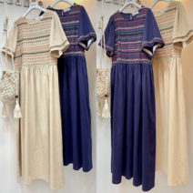 에스닉 자수 소매너플 루즈핏 여름 반팔 롱 원피스