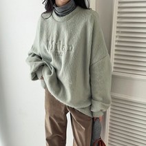 가을 겨울 미시룩 루즈핏 앙고라 밍크 퍼 캐주얼 레터링 자수 맨투맨 티셔츠