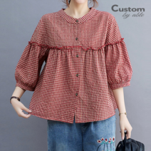 커스텀에이블 고방체크 차이나넥 7부소매 셔츠 C2303BL610B
