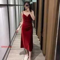셔링나시원피스 B좋다 레드 벨벳 브이넥 허리보정 주름 트임 끈나시 뷔스티에원피스 스페인 스타일 실체 가게 3977541237