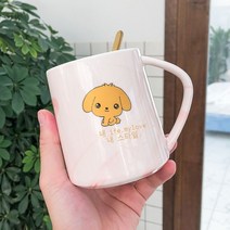 북유럽 인스타그램 대리석 무늬 동물 귀엽다 만화 도자기 컵 수저 머그컵 남녀 학생 커플 컵, 강아지., 480ML