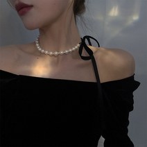 DFMEI 프렌치 빈티지 쁘띠 블랙 리본 진주 목걸이 여초 센스 만점 개성 패션 목걸이 쇄골체인