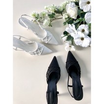 포인티드토 진주 그물 무늬 새틴 원단 하이힐 슬링백힐 8cm M153