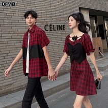 DFMEI 커플룩 여름 레드 체크 자녀 숏 원피스 남방
