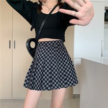 A라인 스커트 초여름 바둑판 칸 치마 디자인감각 보이핏 볼륨 클래식 눈길을 끄는 트윈 룩 여성 3977239314, 블랙 그레이스케일 M