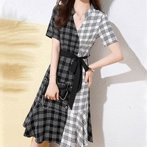 요모조모 1968 체크 하프 브이넥 롱 원피스