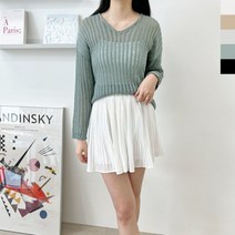 여자 브이넥 그물 니트티 봄 여름