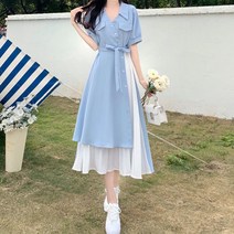 여성 프렌치 미니멀한 디자인 쉬폰 원피스 여하 빅사이즈 통통 MM 언밸런스 기질 헵번풍 a라인 롱스커트
