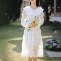 넷투넷코리아 여성 라운드넥 카라 펀칭 레이스 롱 원피스 하객룩