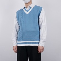 남녀공용 브이넥 레이어드 배색 니트조끼 베이지 소라색 하늘색 크림색