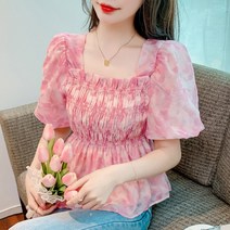 퍼프 소매 오프숄더 스트랩 플라워 셔츠 셔링 슬림해 보이는 스위트 블라우스