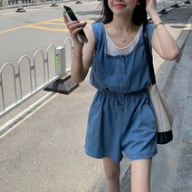 점프수트 나시 원피스 시원한 데님컬러 미니 민소매 여자 여생 코디