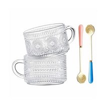 Luka Tech 대형 유리 커피 머그 찻잔 414ml(14온스) 투명 엠보싱 컵 스푼 2개 세트 카푸치노 라떼 시리얼 요거트 뜨겁거나 차가운 음료 여성 및 남성 친구를 위한 선물, 투명.