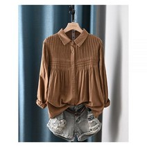 여성 플리츠 주름 블라우스 셔츠 카라 코튼 원사