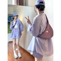 WZC 여성 여름 투피스 긴팔 셔츠 남방 무지 루즈핏 자외선차단 스트링밴딩 반바지 세트 빅사이즈