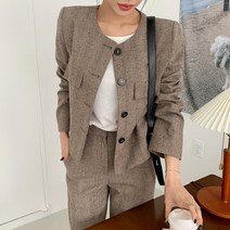 기타브랜드 여성 가을 겨울 울 헤링본 라운드넥 셋업 숏 자켓