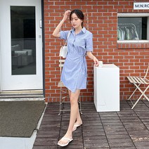 토마토팩토리 여성용 라무네 스트라이프 셔츠 랩 미니 원피스(3color)