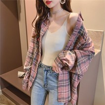 여성 긴팔 체크 셔츠 통근 봄 가을 여성 의류 복고 캐주얼 루즈핏 터틀넥 셔츠 상의