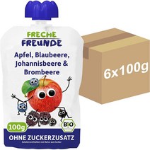 독일 FRECHE FREUNDE 6개월 사과 블루베리 커런트 블랙베리 아기 과일 퓨레 스퀴즈 파우치 6X100g, 5팩, 100g