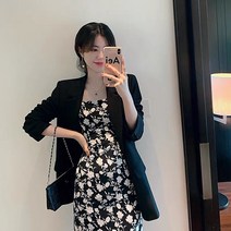 캐주얼슈트코디 겨울 가을 프렌치 클래식 캐쥬얼 헵번풍 블랙 정장 코트 플라워 슬립 원피스 룩 3557063006