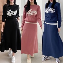 렛잇샤인 루즈핏 빅사이즈 아밀레 기모 레이어드 맨투맨+롱스커트 상하의세트