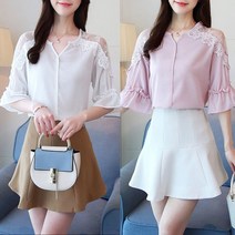 키밍 / 여성 네츄럴 여신핏 프릴소매 레이스 큐티 블라우스