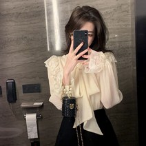 퍼프소매 결혼식 배색 여성 빈티지 쉬폰소재 리본블라우스 소매 레오파드블라우스 명품 스타일 리본 블라우스 오피스룩