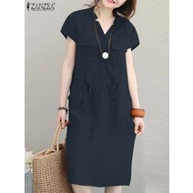 리넨 원피스 V넥 짧은 소매 무릎길이 드레스 여성용 허리끈