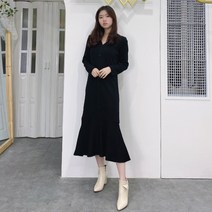 [세인트이브] 브이넥 앞단추포인트 니트 프릴 롱원피스