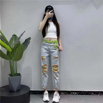 키작진 연청바지 캐주얼 올 매칭 루즈 할란 청바지 하이 웨이스트 찢어진 컬러풀 스트라이프 바지 여름 가을 패션 2023