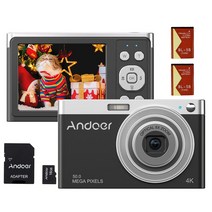 빈티지카메라 Andoer 휴대용 디지털 카메라 4K 50MP 비디오 캠코더 자동 초점 16X 줌 손떨림 방지 얼굴 감지 내장 플래시 배터리 포함, [25] Black 2 and 16GB, 25.Black 2 and 16GB