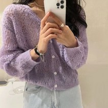 여성 그린 니트 모헤어 업 오버핏 가디건 여름 패션 퍼플 브이넥 투명 얇은 자켓 솔리드 컬러 스웨터