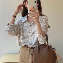 네모엔룩 여성용 컬러스트라이프 베이직 단가라 카라넥 단추 남방 루즈핏 포켓 긴팔 셔츠 블라우스 NL