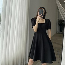 일월전빵 첫사랑 스퀘어넥 벌룬소매 퍼프 반팔 플레어 햅번 무드 원피스 허리보정 하객룩 데이트룩 B-C048