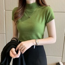 하이넥 블라우스 니트 면접 하프 터틀넥 여름 짧은 소매 스타일 스웨터 풀오버 여성 기본 얇은 탑스 당겨 점퍼