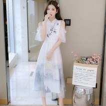 철릭 원피스 여름 봄 쉬폰 배색 A라인 패턴 개량한복 레이스 생활한복 랩스커트