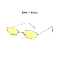 작은 타원형 선글라스 UV400 클래식 캔디 컬러 금속 직사각형 안경, [07] Gold-transparent