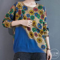 도오빠 여성 니트 스웨터 꽃무늬 니트티 긴팔 티셔츠 라운드넥 여성니트티