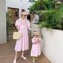 해외러블리 여아 반팔 퍼프 롱원피스 프릴 a라인 플라워 카라 엄마랑딸 커플 2컬러