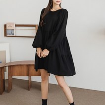 헤링본 여성 블랙 봄 가을 미니원피스 긴팔 겨울 루즈핏 A라인 플레어 퍼프 데일리룩 HE083