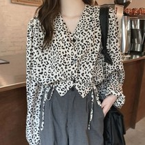휴가지 포인트룩 레오파트패턴 크롭 블라우스 eNI 반팔 티 여름 셔츠 브이넥 여성 여자 니트