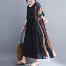 라엔 여성 블루 라운드넥 오렌지 스트라이프 여름 반팔 빅사이즈 원피스 SG0019
